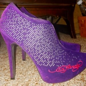 Ed Hardy purple suede high heels with metal studs size 7